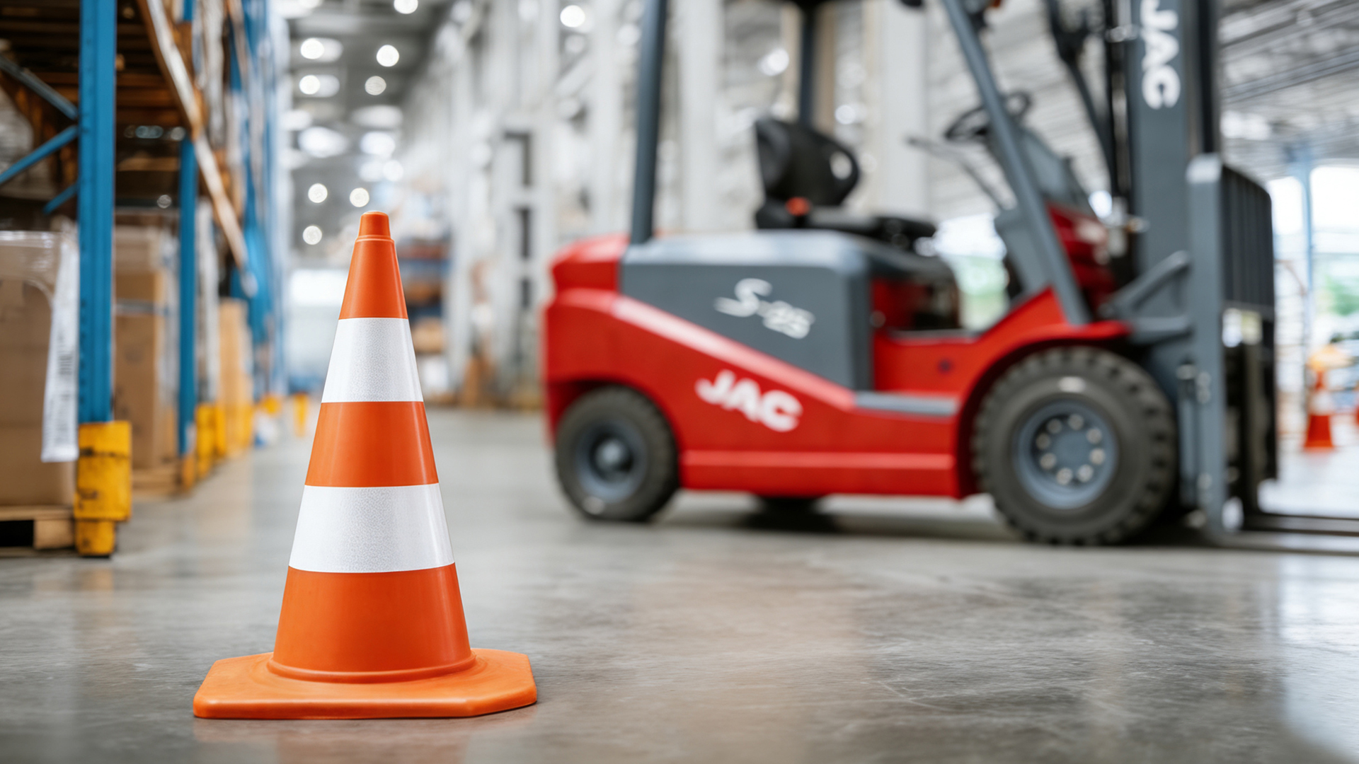 Person with work clothes and hard hat sitting in a Linde forklift truck