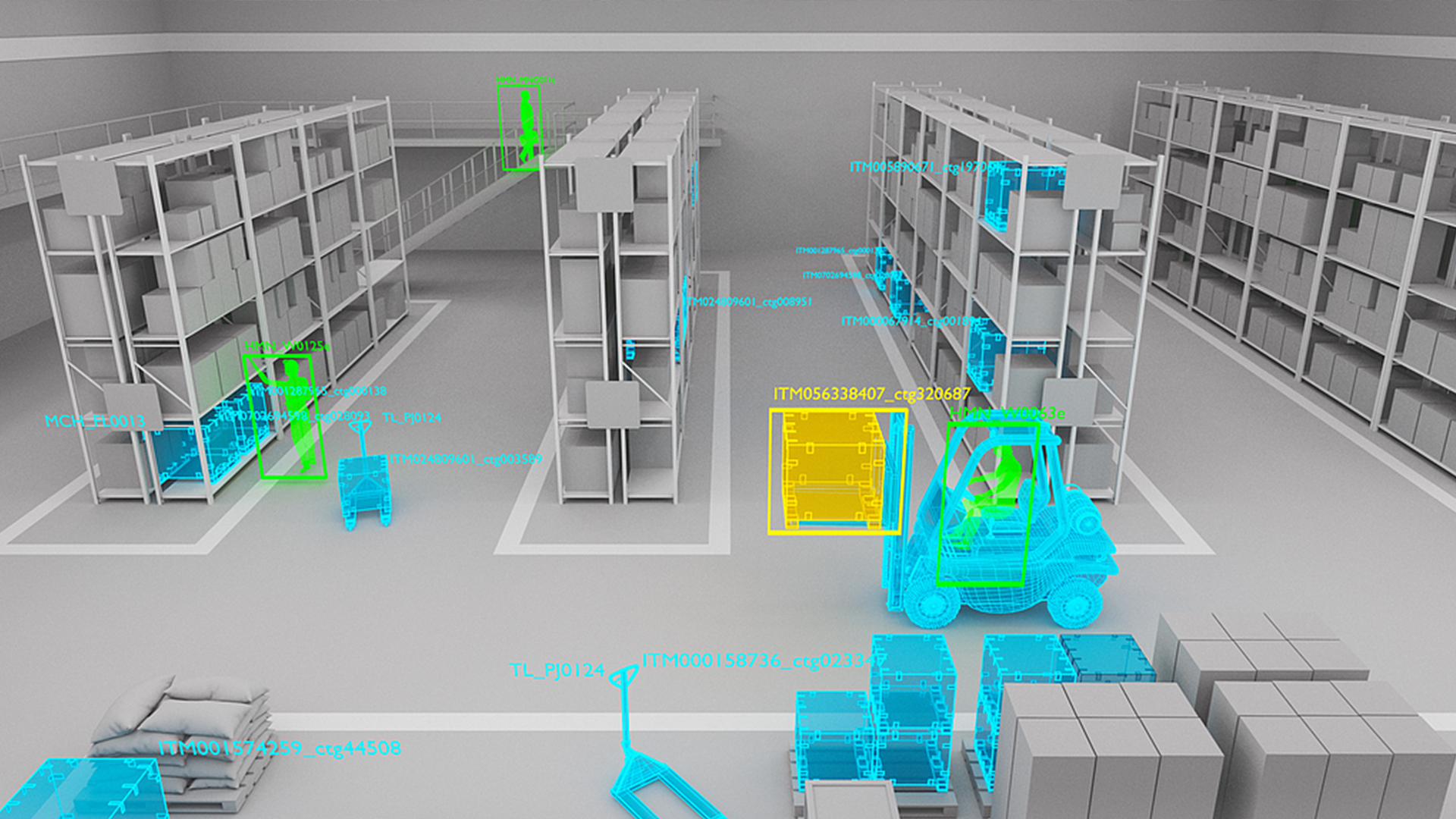 Two people in work clothes and hard hats standing in a warehouse.